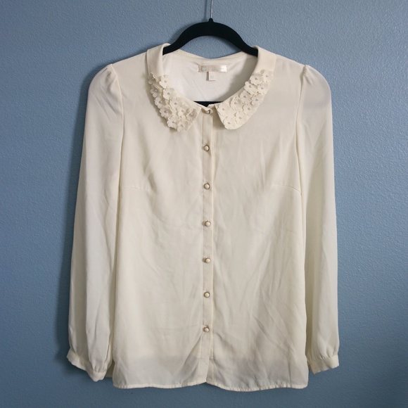 Pearl White Chiffon Blouse, Button Down Shirt - Picture 1 of 4
